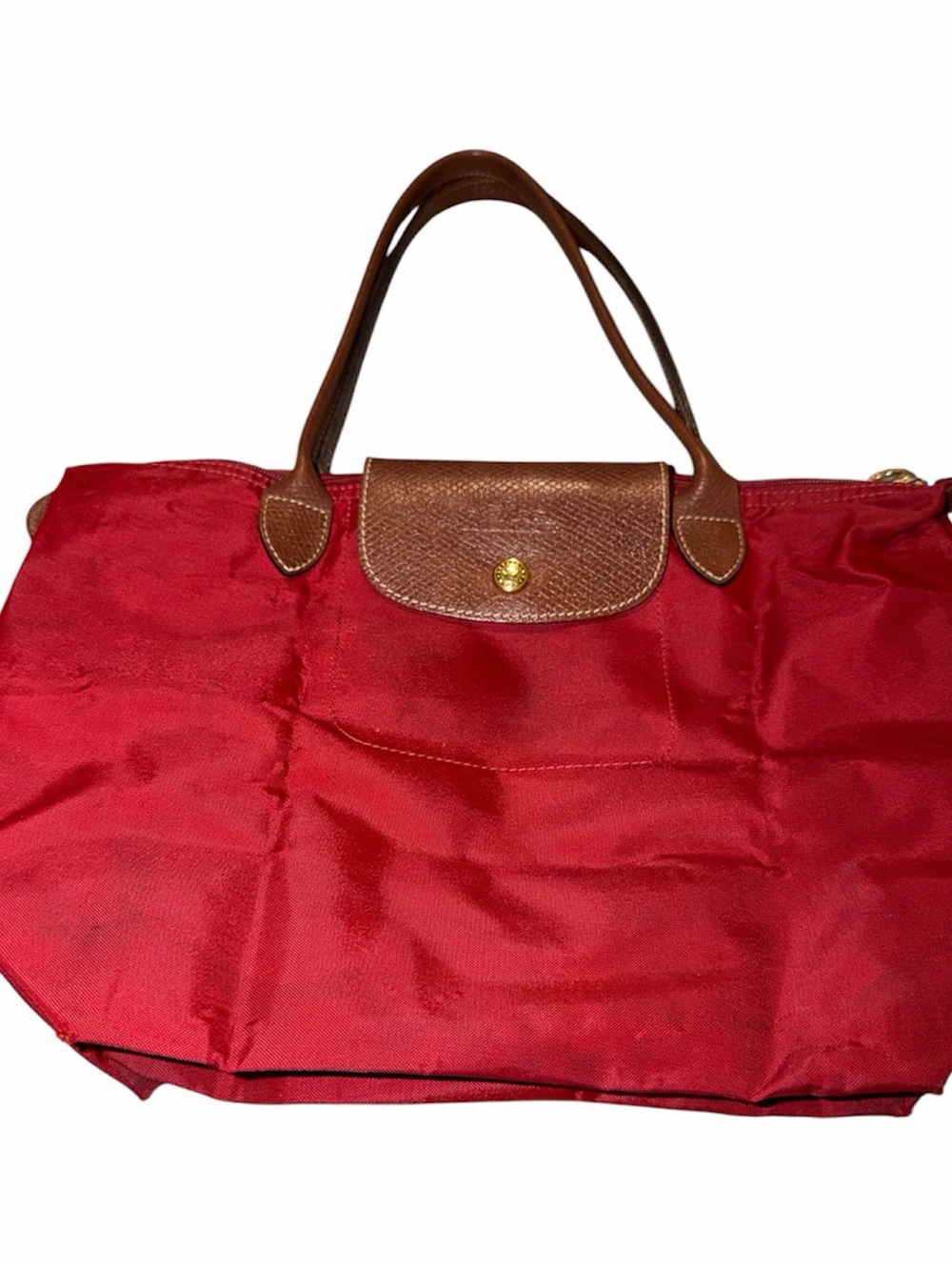 Longchamp Red Nylon Tote with Brown Leather Trim